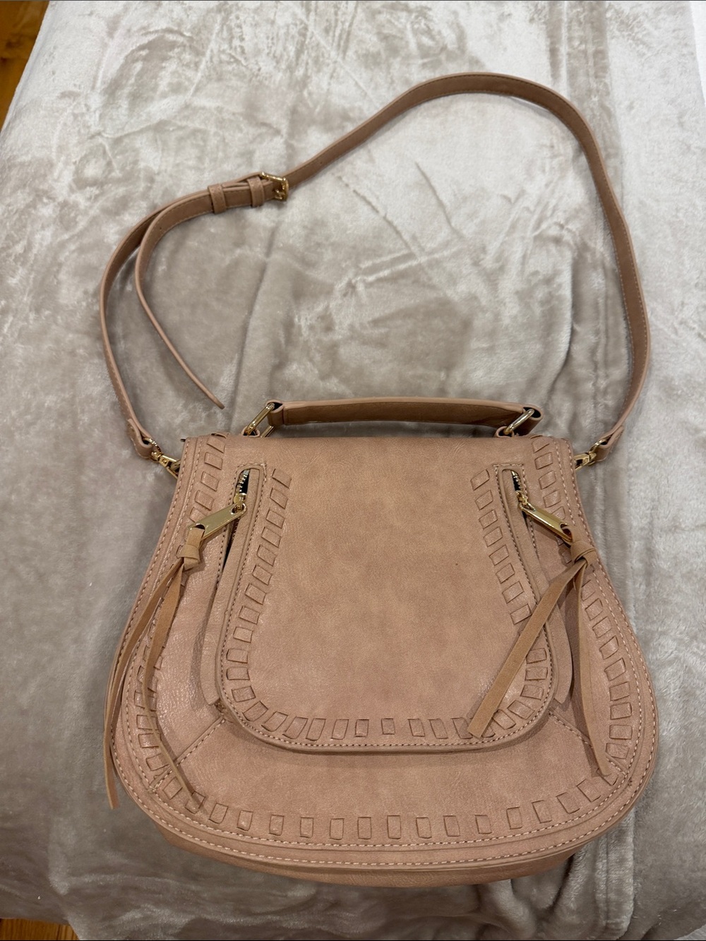 Vici Taupe Saddle-Style Crossbody Bag with Gold Hardware